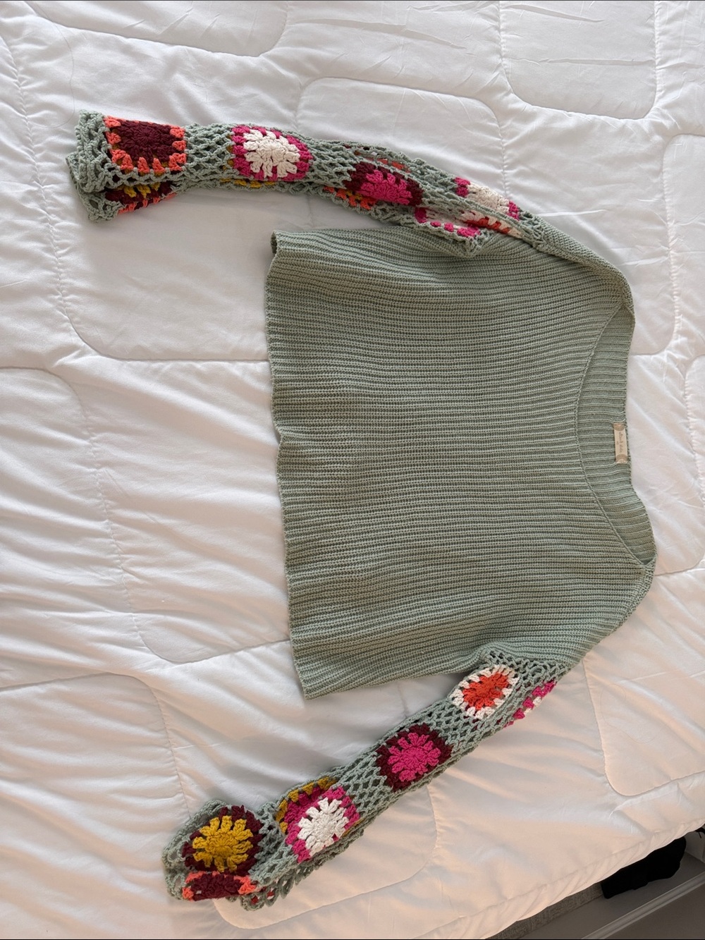 Altar’d State Sage Green Crochet-Sleeve Knit Sweater with Floral Accents